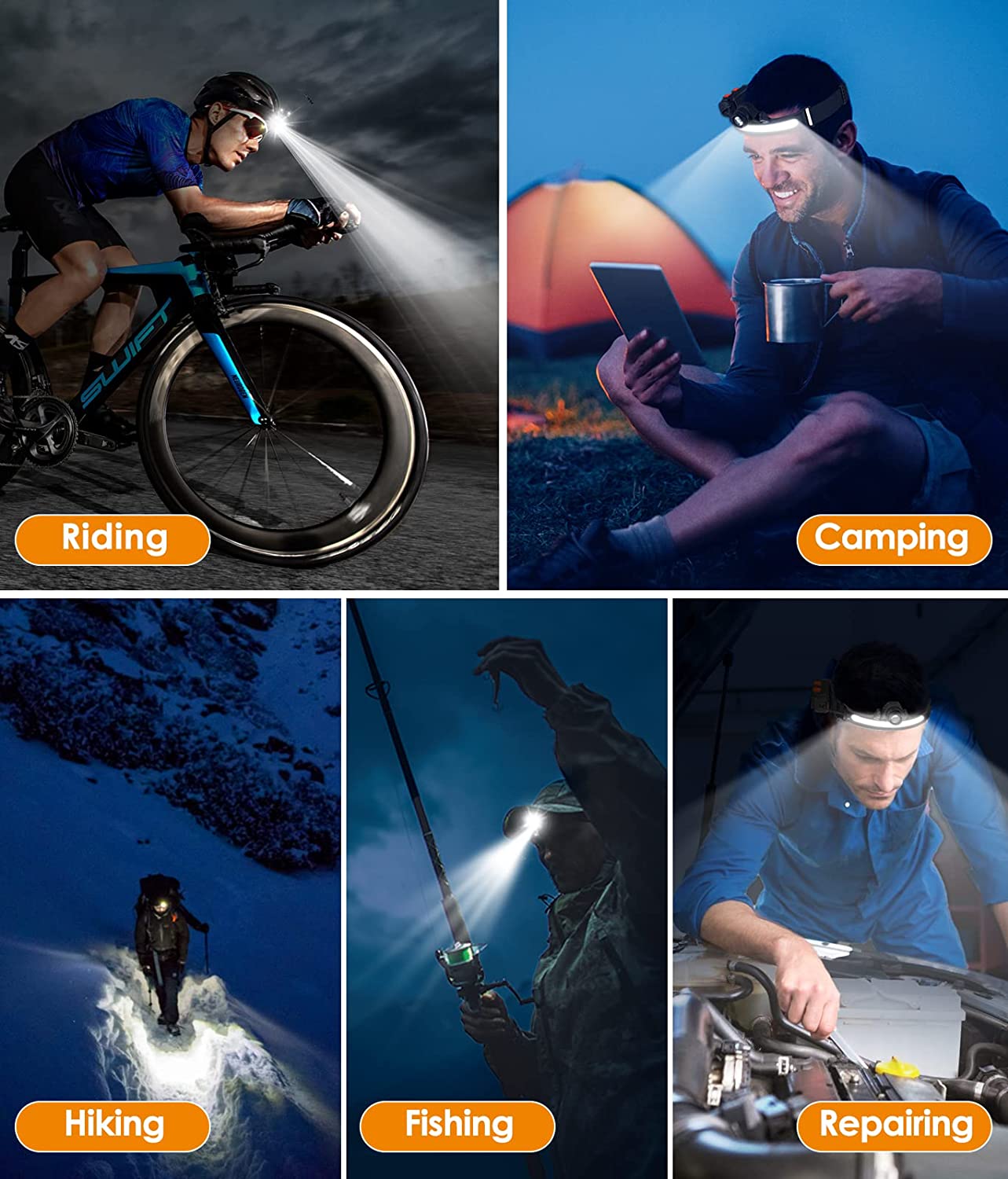 Zoomable Induction Headlamp XPG+COB LED Head Lamp with Built-in Battery Flashlight USB Rechargeable 6 lighting Modes Head Torch