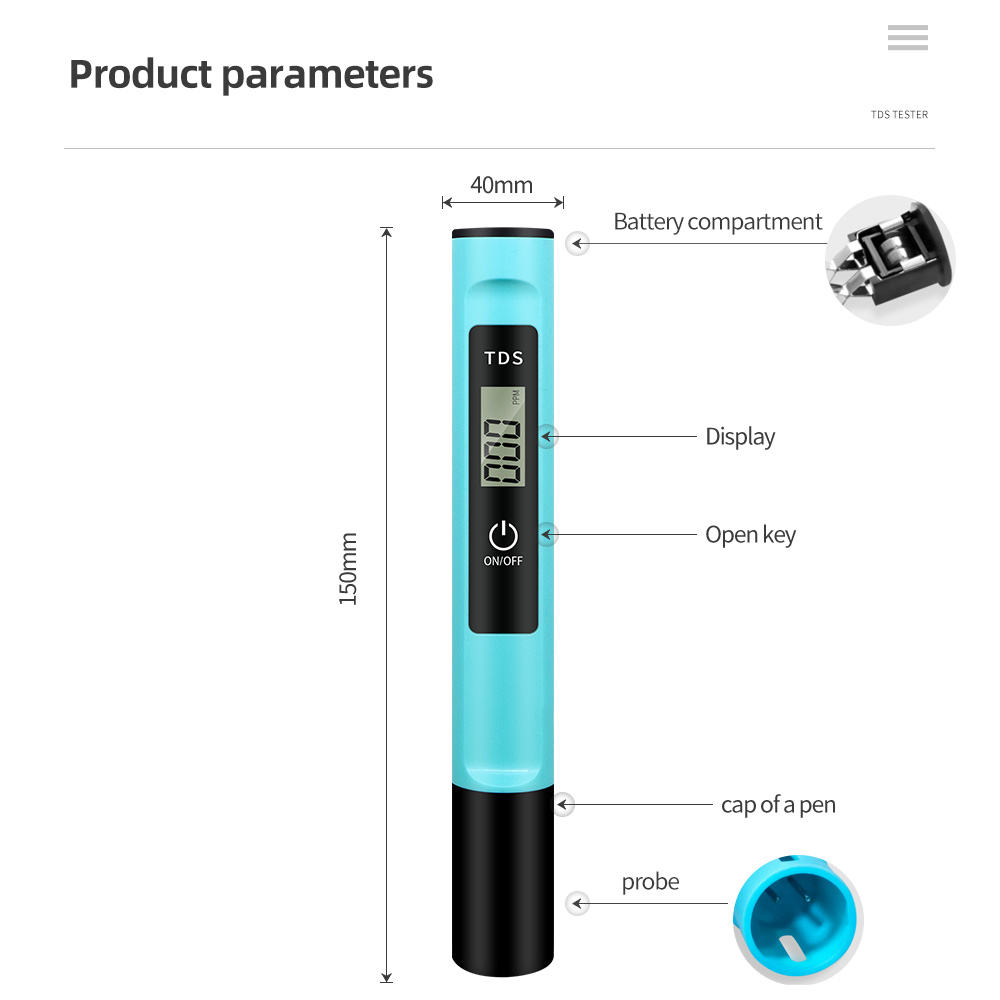 Handheld TDS Meter Digital Water TDS Meter Range 0-9990m Mini Water Purity PPM Analysis Tool Aquarium Swimming Pool Lab