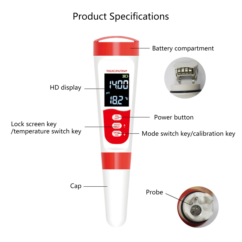 4 In 1 PH Meter Sensor PH TDS EC Temperature Meter Tester Water Quality Testing for Drinking Water Aquariums Swimming Pool