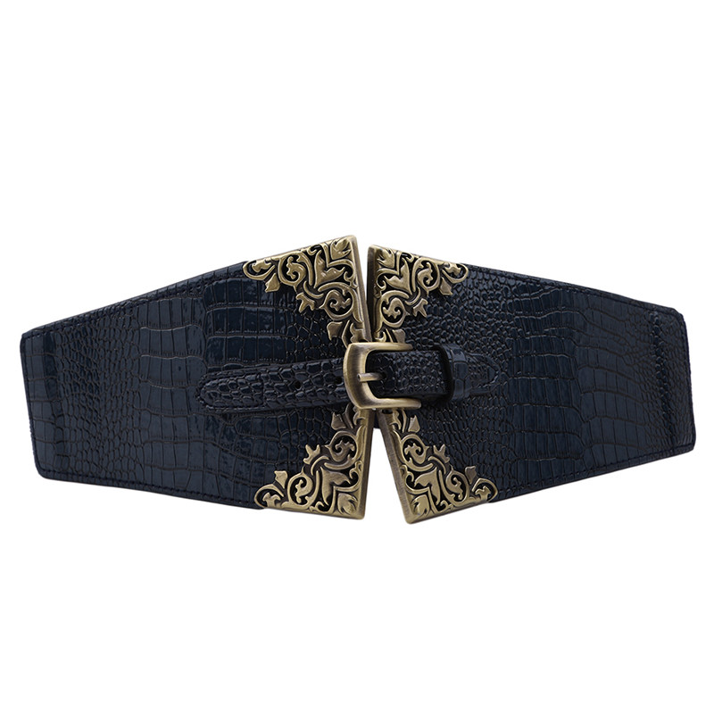 New Lady Women Elastic Waistband Wide Waist Belt Retro Metal