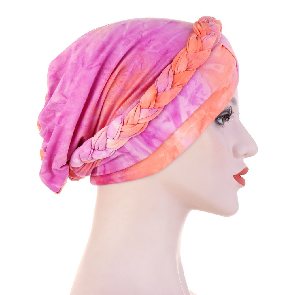 Women Muslim tie-dye brushed milk silk cloth braid hat short braid can hide hair scarf hat