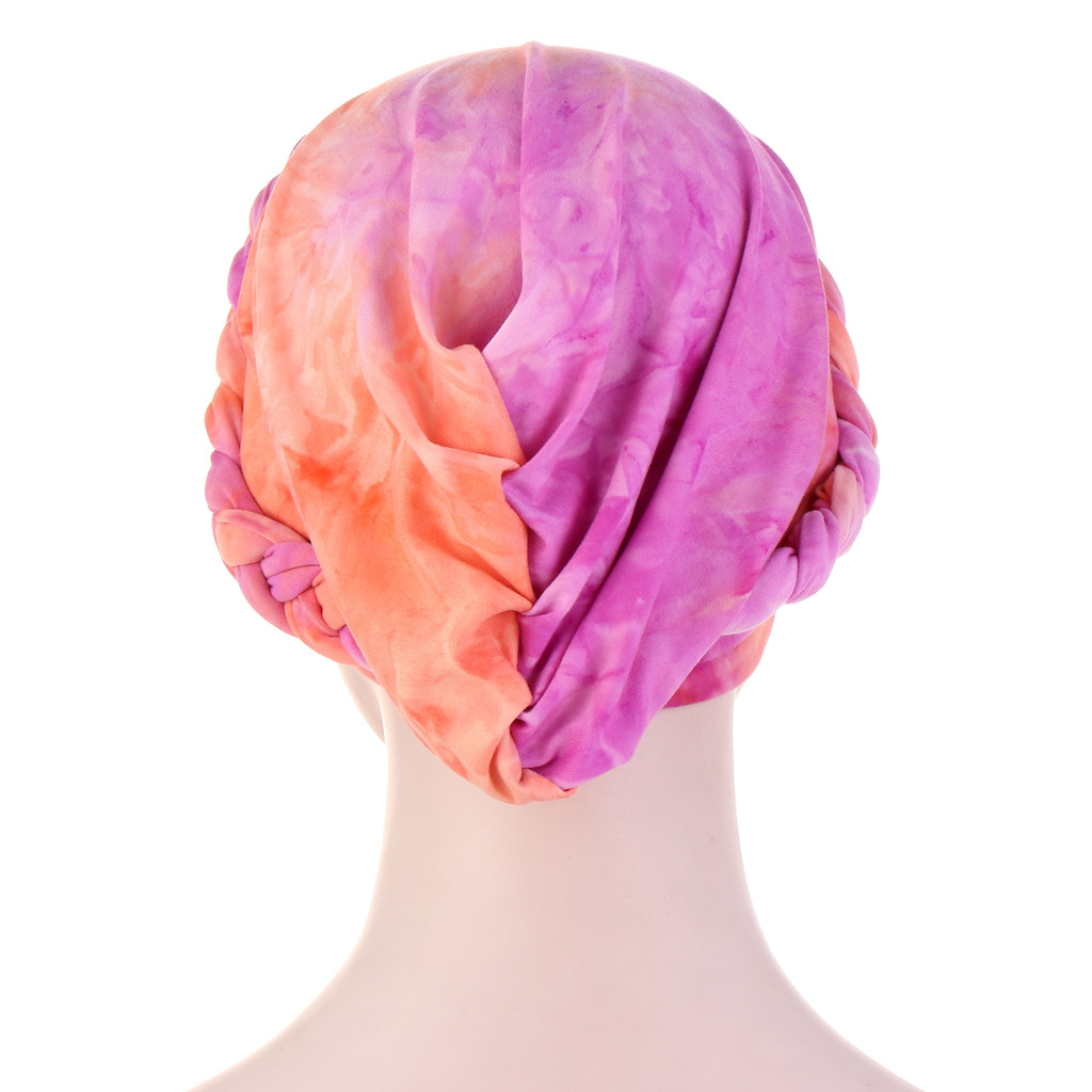 Women Muslim tie-dye brushed milk silk cloth braid hat short braid can hide hair scarf hat