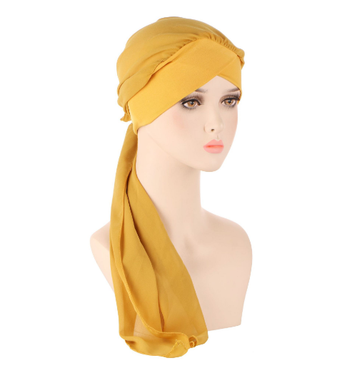 Women Muslim fabric forehead cross toe cap Solid color fashion chiffon long tail cap