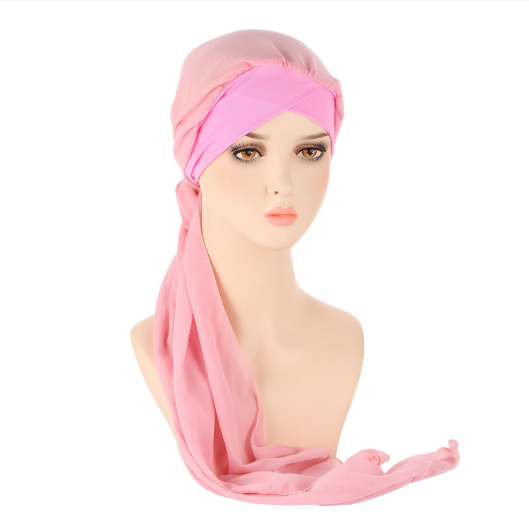 Women Muslim fabric forehead cross toe cap Solid color fashion chiffon long tail cap