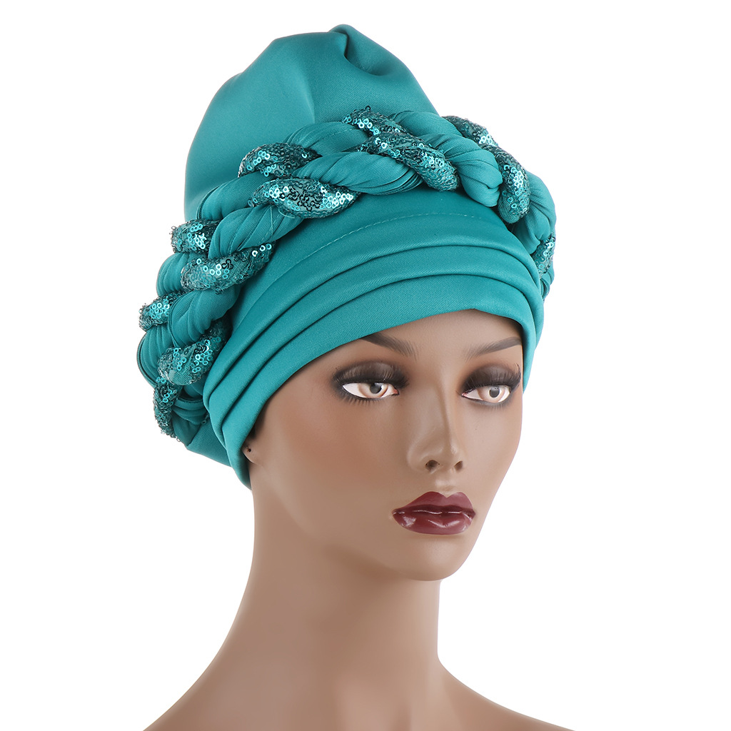 Women Muslim space layer two-color color matching sequined twist hijab hat fashion exaggerated dance hijab hat