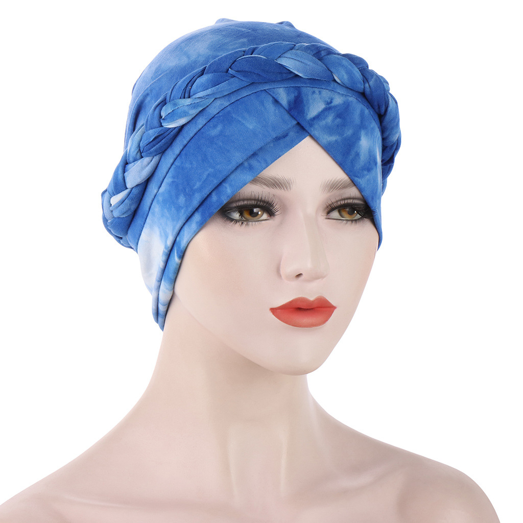Women Muslim New Tie Dye Short Braid Soft Braid Hat Turban Hat