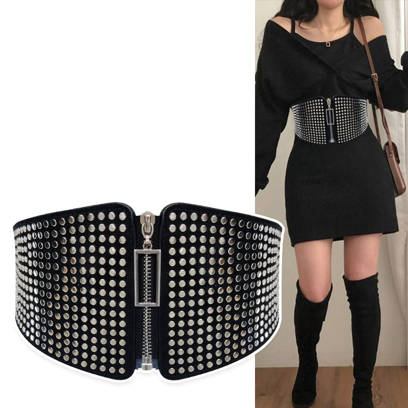 Wide Elastic Studded Belt Female Waist Goth Stretch  Ladies Long Belts For Women Corset Waistband