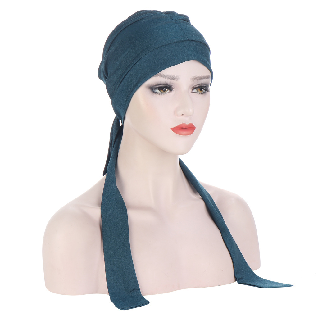 Women Hats Muslim fashion straps multicolor street beat pullover bright silk knitted fabric forehead fold long tail  Caps
