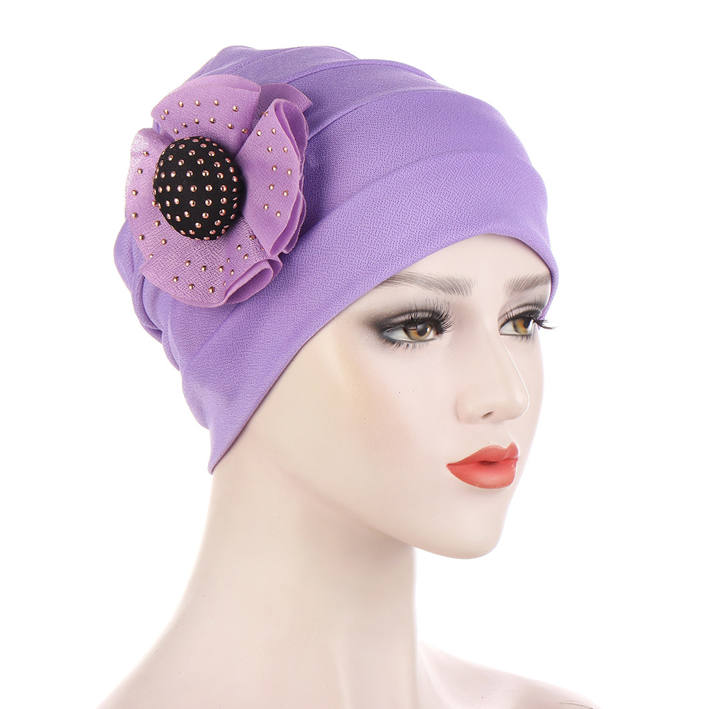 Women Muslim messy side hot drill flowers multicolor four petals flower headscarf hat color matching flower hat