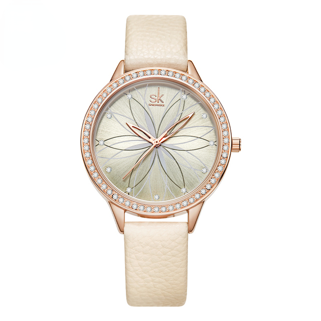 Women Watches Linear Flowers Surface Leather Crystal Case