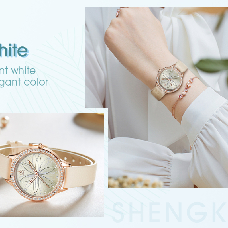 Women Watches Linear Flowers Surface Leather Crystal Case