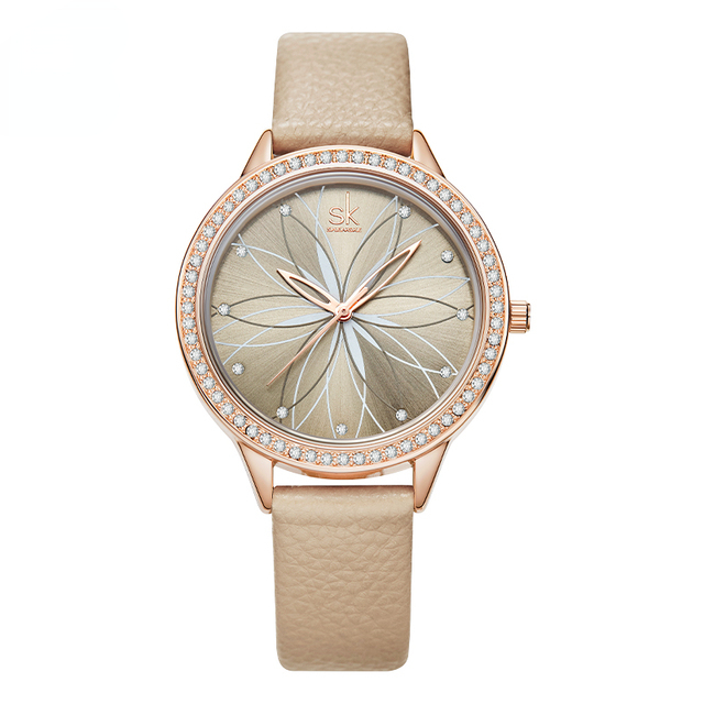 Women Watches Linear Flowers Surface Leather Crystal Case