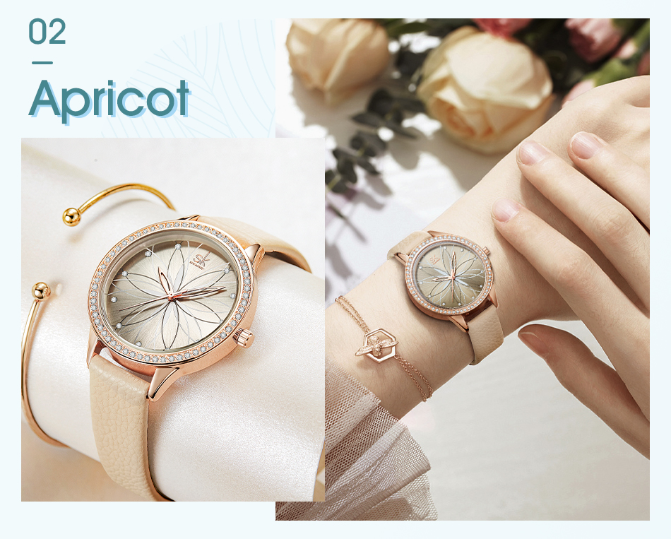 Women Watches Linear Flowers Surface Leather Crystal Case