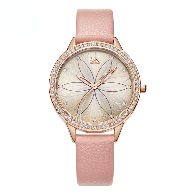 Women Watches Linear Flowers Surface Leather Crystal Case