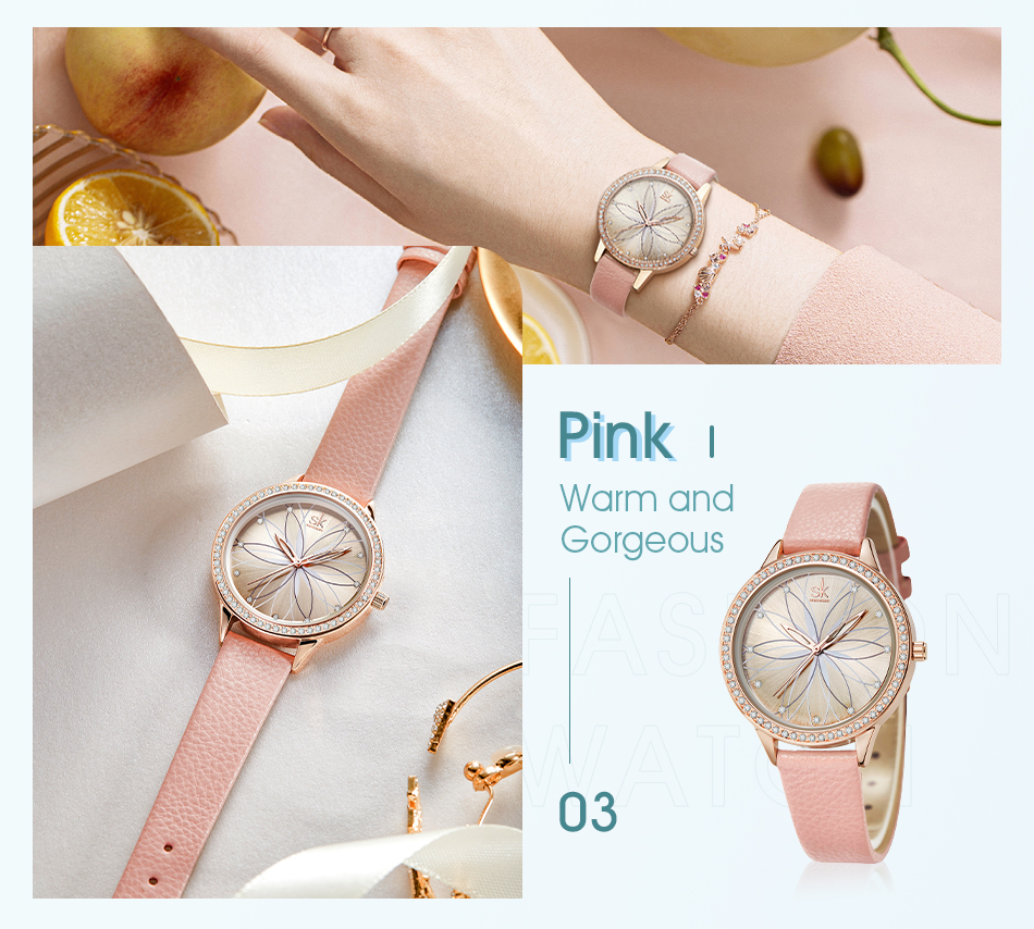 Women Watches Linear Flowers Surface Leather Crystal Case