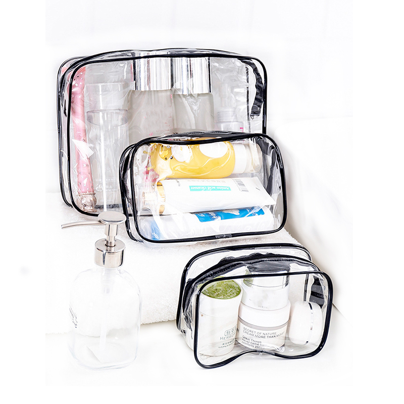 3PC PVC Cosmetic Bag Lady Transparent Clear Zipper Black Makeup Bags Organizer Travel Bath Wash Make Up Case Toiletry Bags for Girls