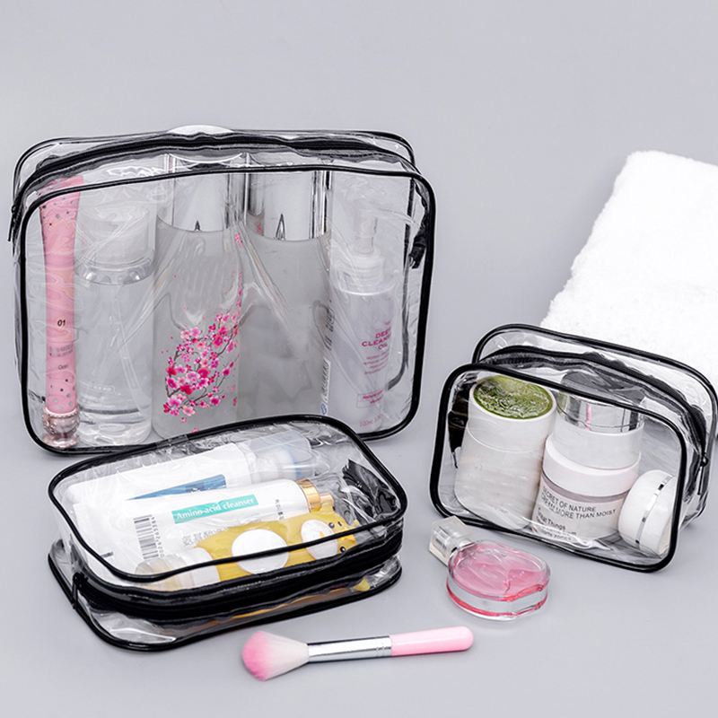 3PC PVC Cosmetic Bag Lady Transparent Clear Zipper Black Makeup Bags Organizer Travel Bath Wash Make Up Case Toiletry Bags for Girls