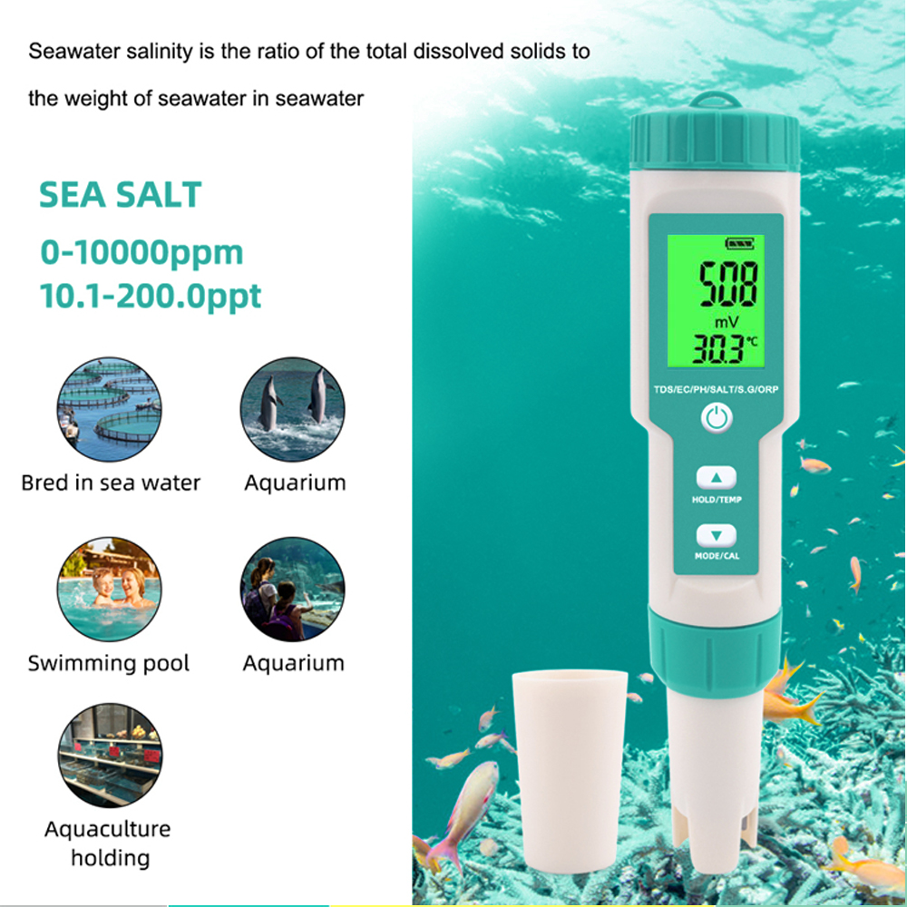 7 in 1 PH/TDS/EC/ORP/S.G/Salinity/Temperature Water Quality Tester Multi-Parameter TDS PH Meter Conductivity Detector for Pools