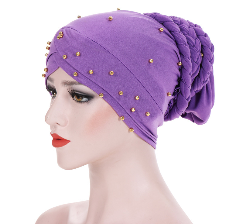 Women Muslim foreign trade monochrome beaded braid Baotou cap milk silk Indian Baotou cap