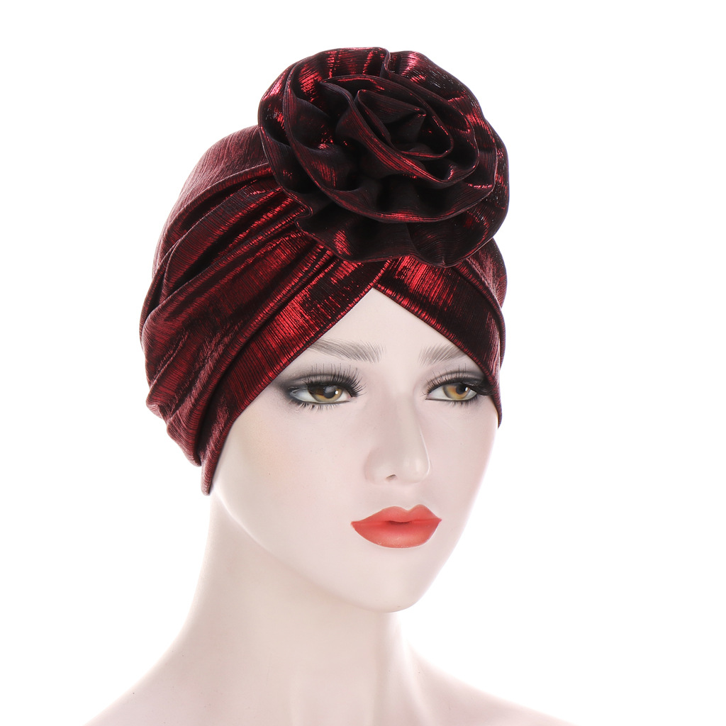 Women Muslim can hide hair bun head cap bright silk wrinkled cloth forehead flower turban cap flower turban cap