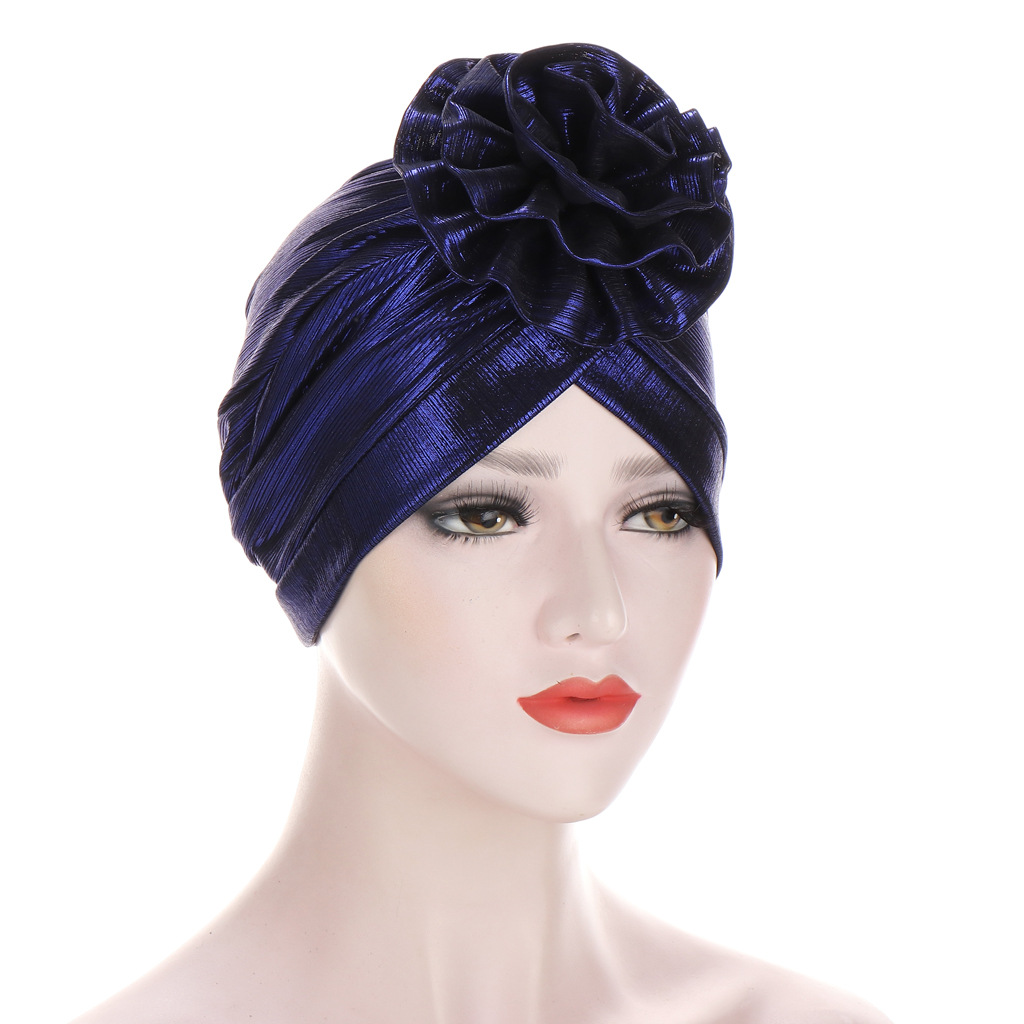 Women Muslim can hide hair bun head cap bright silk wrinkled cloth forehead flower turban cap flower turban cap