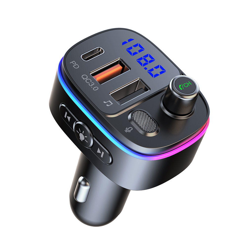Car FM Transmitter Bluetooth-compatible 5.0 Handsfree Mp3 Player PD Type C QC3.0 USB Fast Charge Colorful Light Accessories T65
