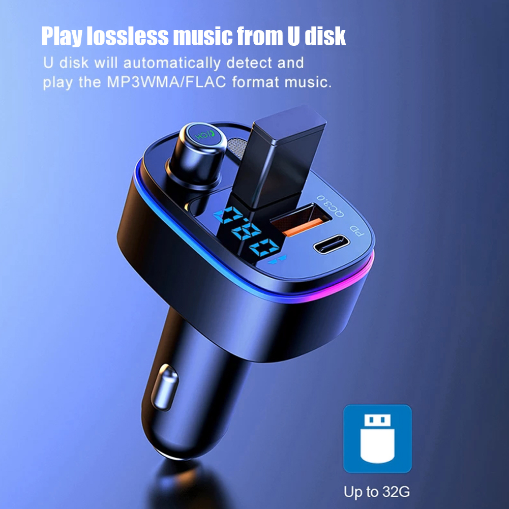 Car FM Transmitter Bluetooth-compatible 5.0 Handsfree Mp3 Player PD Type C QC3.0 USB Fast Charge Colorful Light Accessories T65