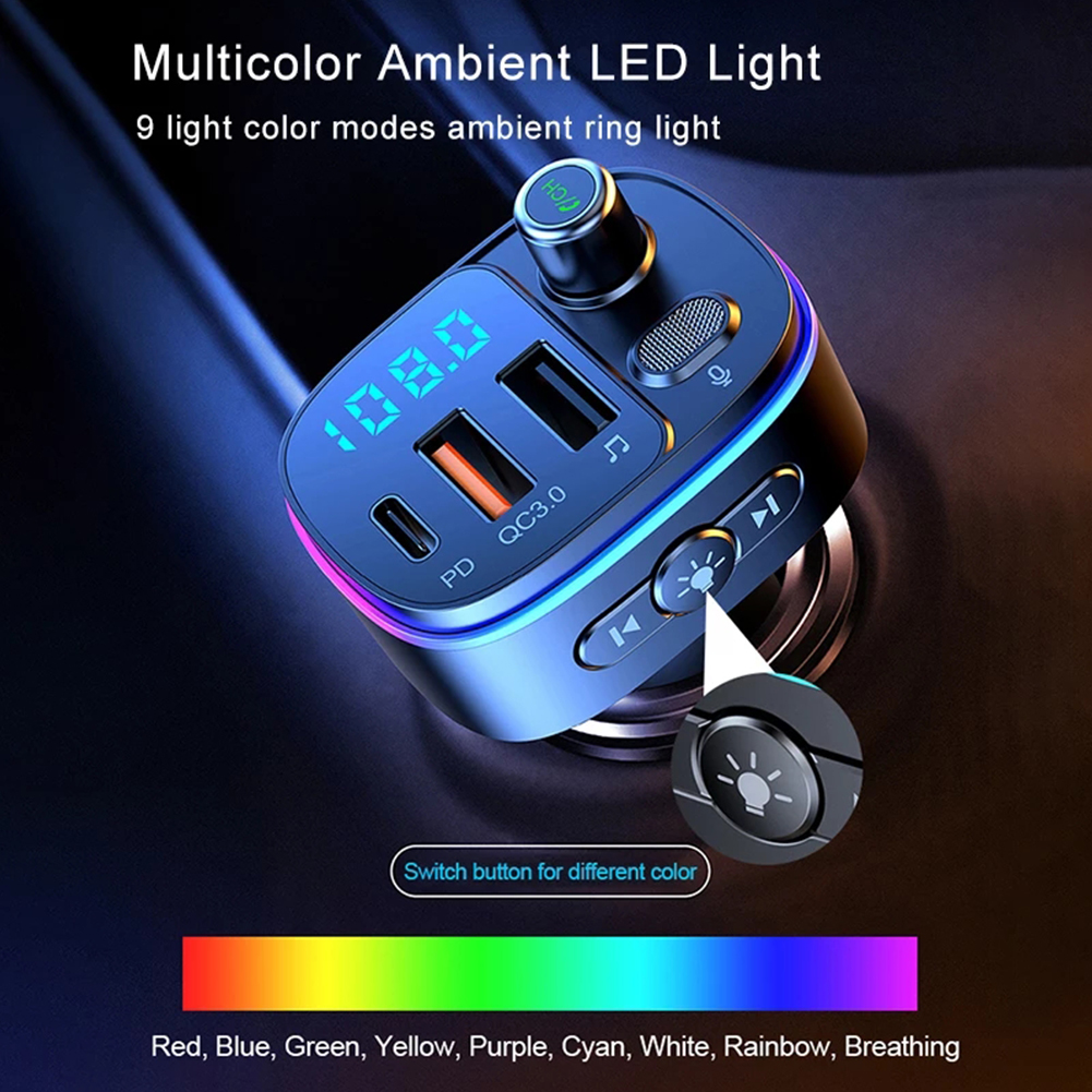 Car FM Transmitter Bluetooth-compatible 5.0 Handsfree Mp3 Player PD Type C QC3.0 USB Fast Charge Colorful Light Accessories T65