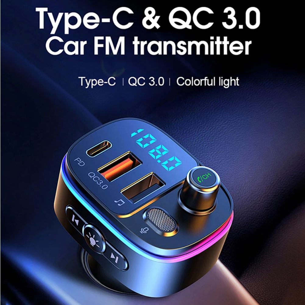 Car FM Transmitter Bluetooth-compatible 5.0 Handsfree Mp3 Player PD Type C QC3.0 USB Fast Charge Colorful Light Accessories T65