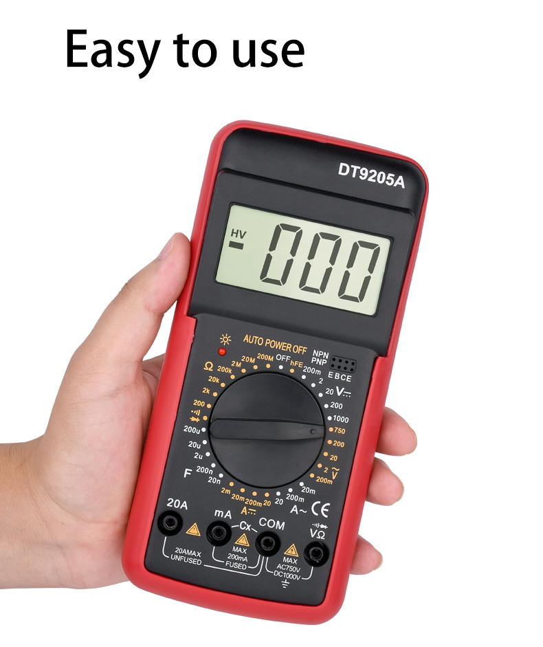 DT9205A DMM Professional Multimeter Digital hFE AC DC Voltage Current 1000V 20A Capacitance Resistance Continuity Diode Tester
