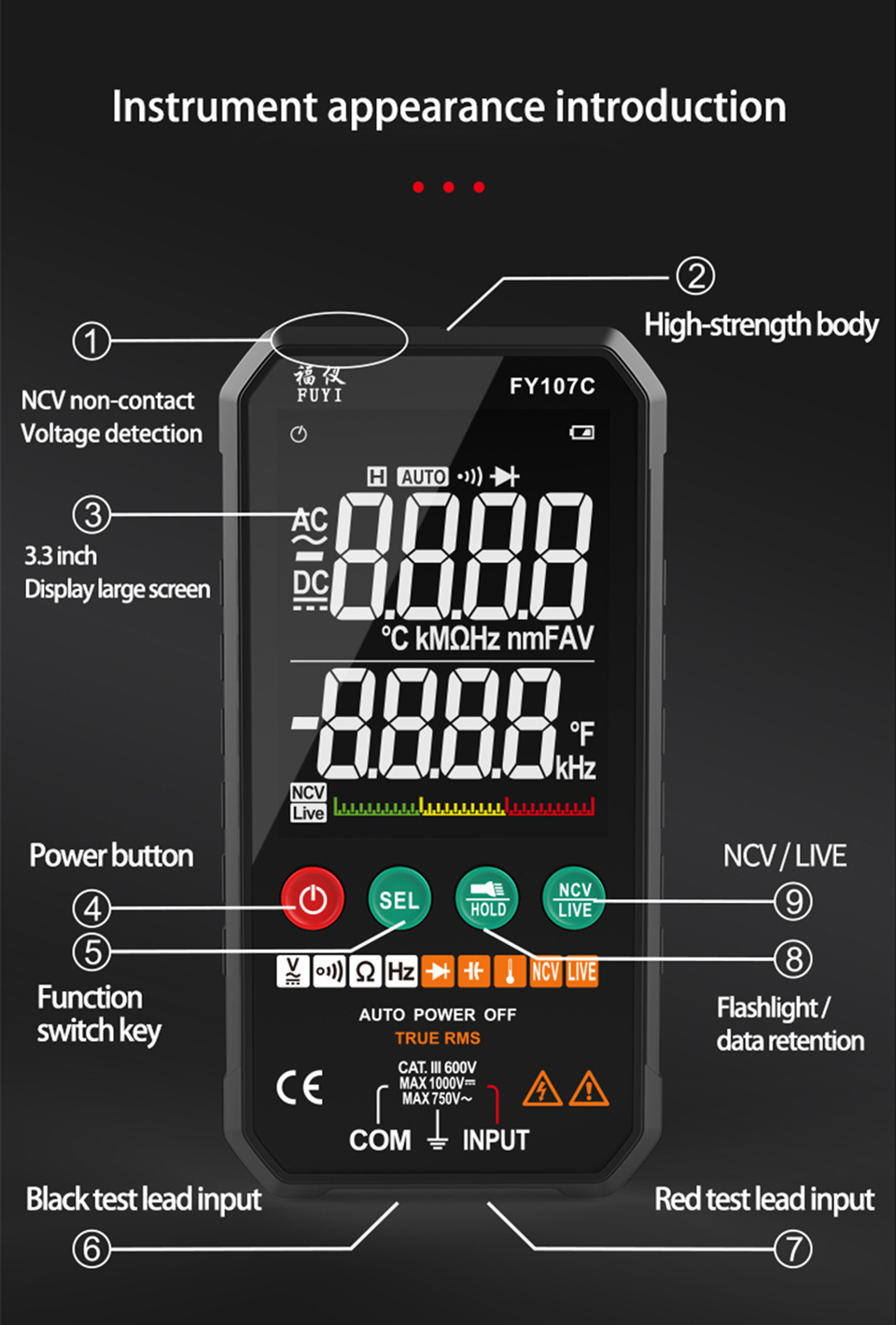 FY107C 6000counts Digital Multimeter Professional Ture RMS AC DC NCV Transistor Capacitor Temperature Auto Voltage Smart Meter