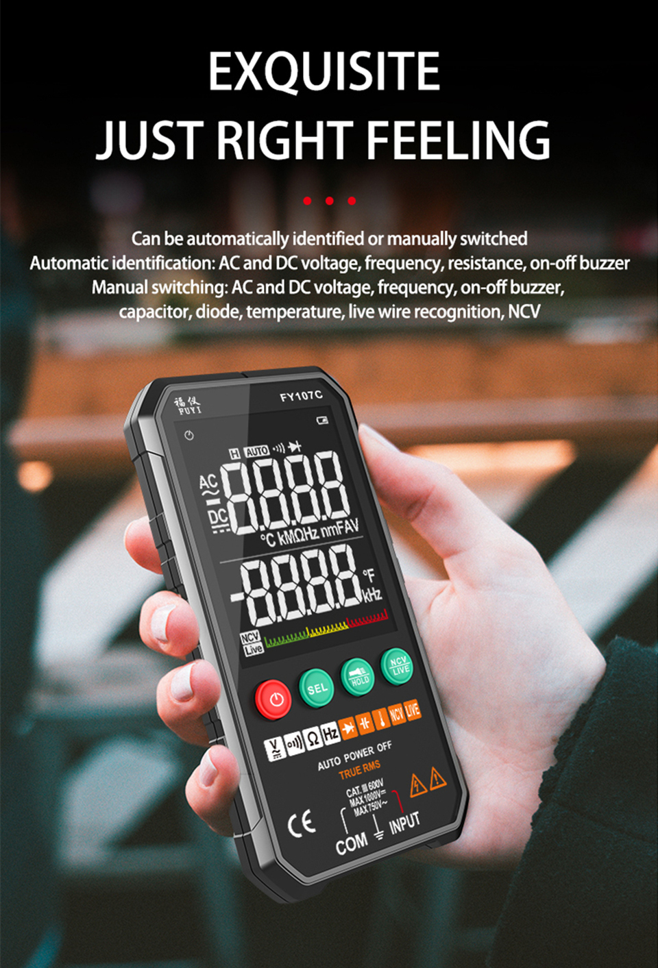 FY107C 6000counts Digital Multimeter Professional Ture RMS AC DC NCV Transistor Capacitor Temperature Auto Voltage Smart Meter