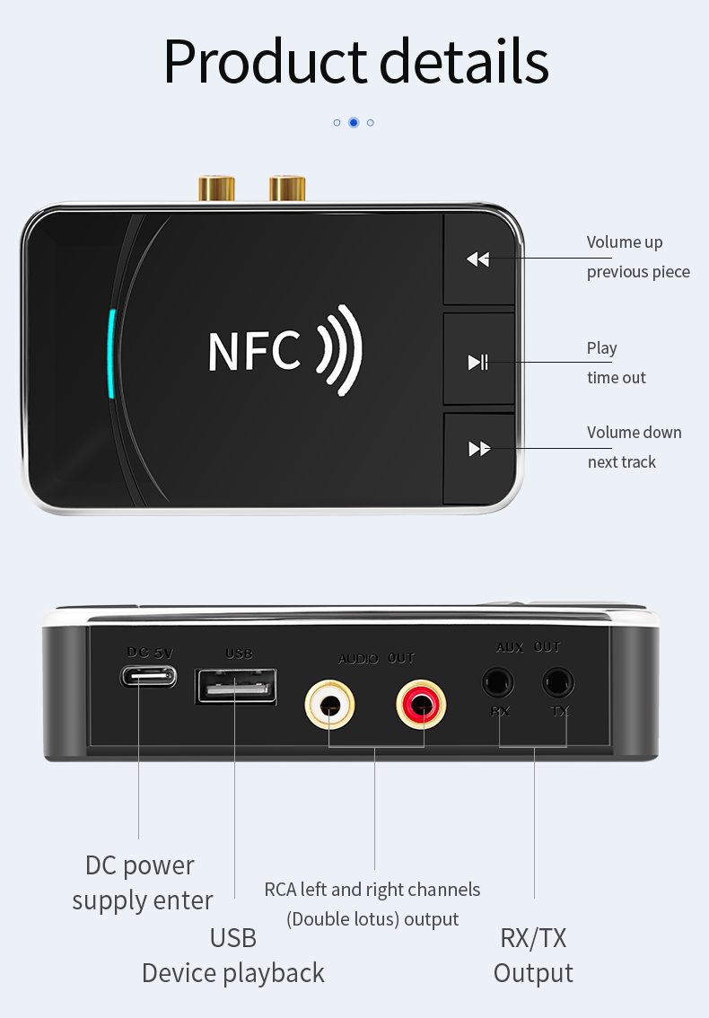 NFC Bluetooth5.0 Audio Transmitter Receiver RCA 3.5mm AUX Jack USB Dongle Music Wireless Adapter For Car PC TV Headphones