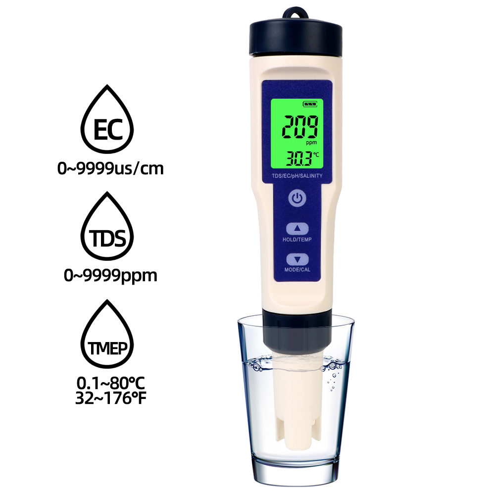 5 in 1 PH/TDS/EC/SALT/TEMP Water Quality Detector Purity Measure Tool Temperature Hydrogen-rich Meter With backlight