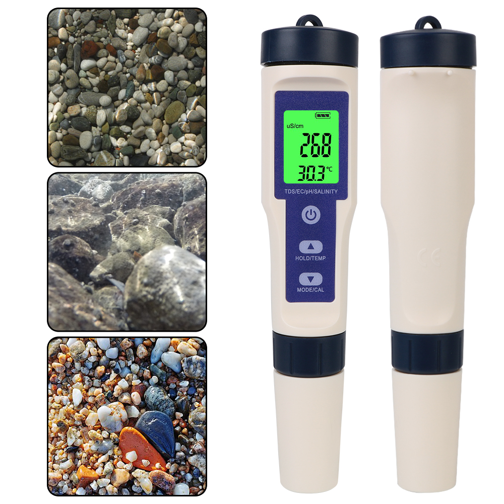 5 in 1 PH/TDS/EC/SALT/TEMP Water Quality Detector Purity Measure Tool Temperature Hydrogen-rich Meter With backlight