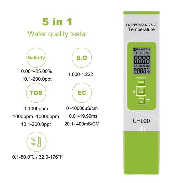 5 in 1 TDS/EC/Salinity/S.G./Temperature Salt Meter Digital Sea Water Quality Tester for Swimming Pools Drinking Water Aquarium
