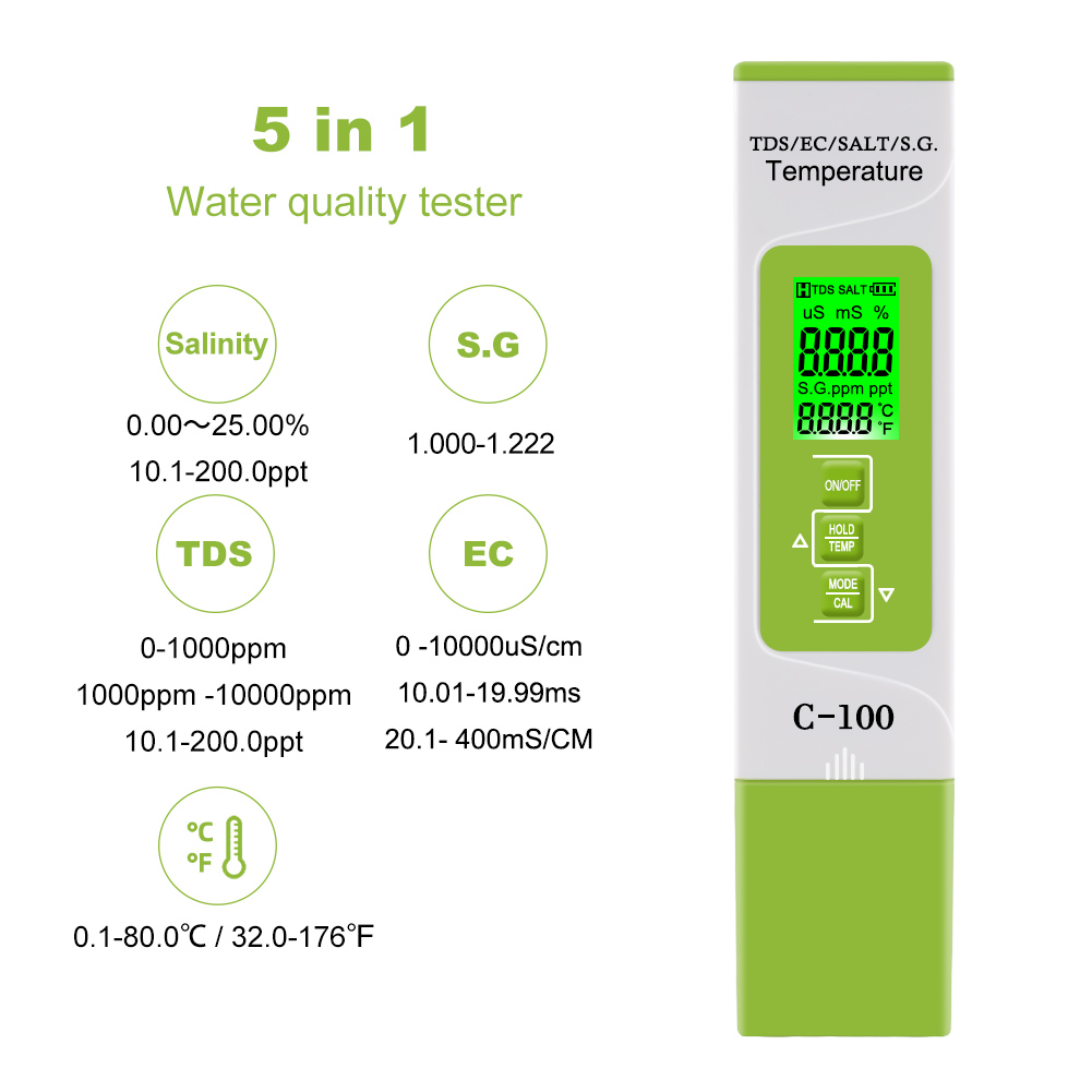 5 in 1 TDS/EC/Salinity/S.G./Temperature Salt Meter Digital Sea Water Quality Tester for Swimming Pools Drinking Water Aquarium