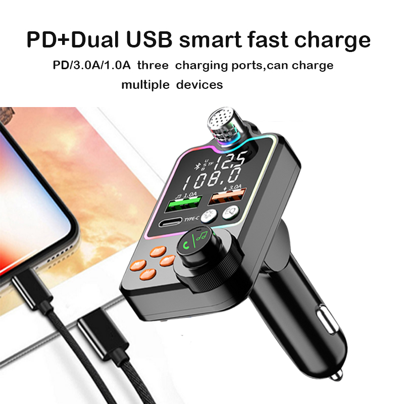 Bluetooth 5.0 Wireless FM Transmitter Dual Display PD Type-C Fast Charging Dual USB Charger Handsfree Car Kit FM Modulator