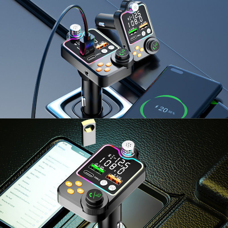 Bluetooth 5.0 Wireless FM Transmitter Dual Display PD Type-C Fast Charging Dual USB Charger Handsfree Car Kit FM Modulator