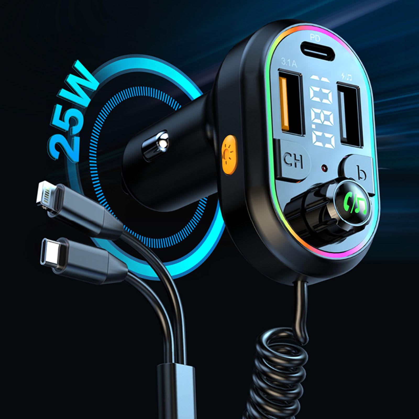 Car Bluetooth 5.0 FM Transmitter Wireless Audio Receiver Car MP3 Player 25W PD Fast Charge With Apple Type-C Port Charging Cable