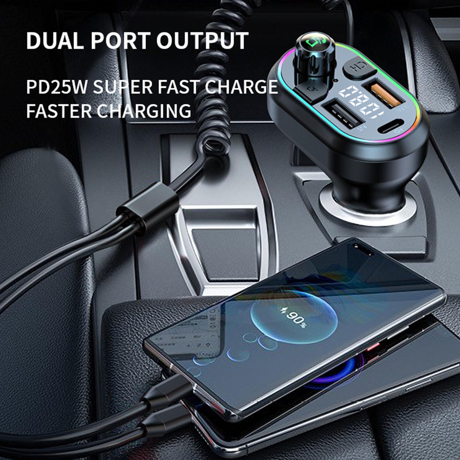 Car Bluetooth 5.0 FM Transmitter Wireless Audio Receiver Car MP3 Player 25W PD Fast Charge With Apple Type-C Port Charging Cable