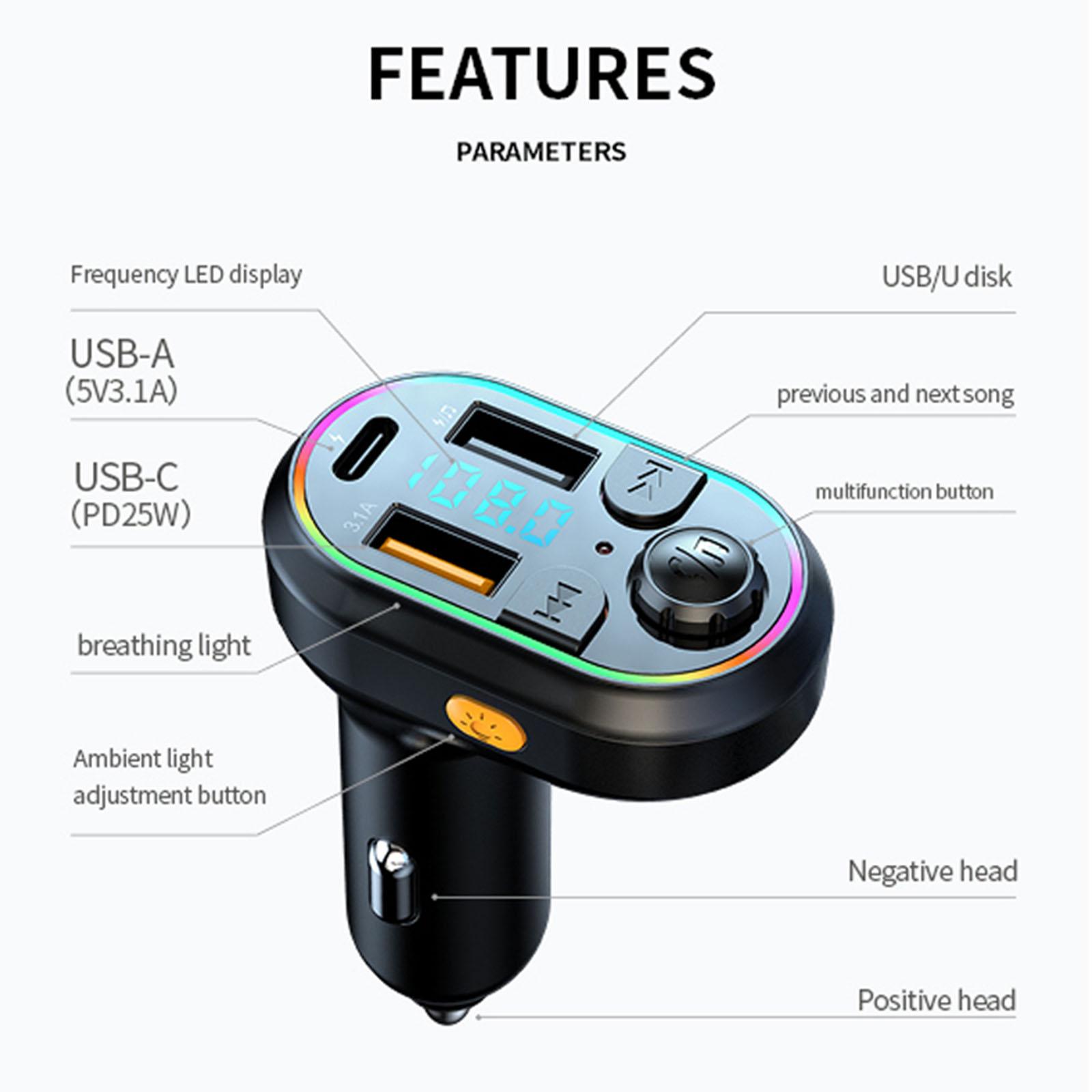 Car Bluetooth 5.0 FM Transmitter Wireless Audio Receiver Car MP3 Player 25W PD Fast Charge With Apple Type-C Port Charging Cable