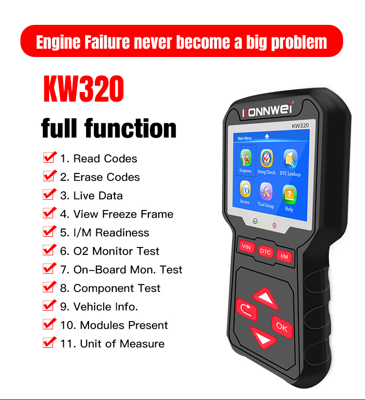 1pc KW320 Car Scanner Obd 2 Diagnostic Tool Car Code Reader OBD2 Engine Scanner Multilingual