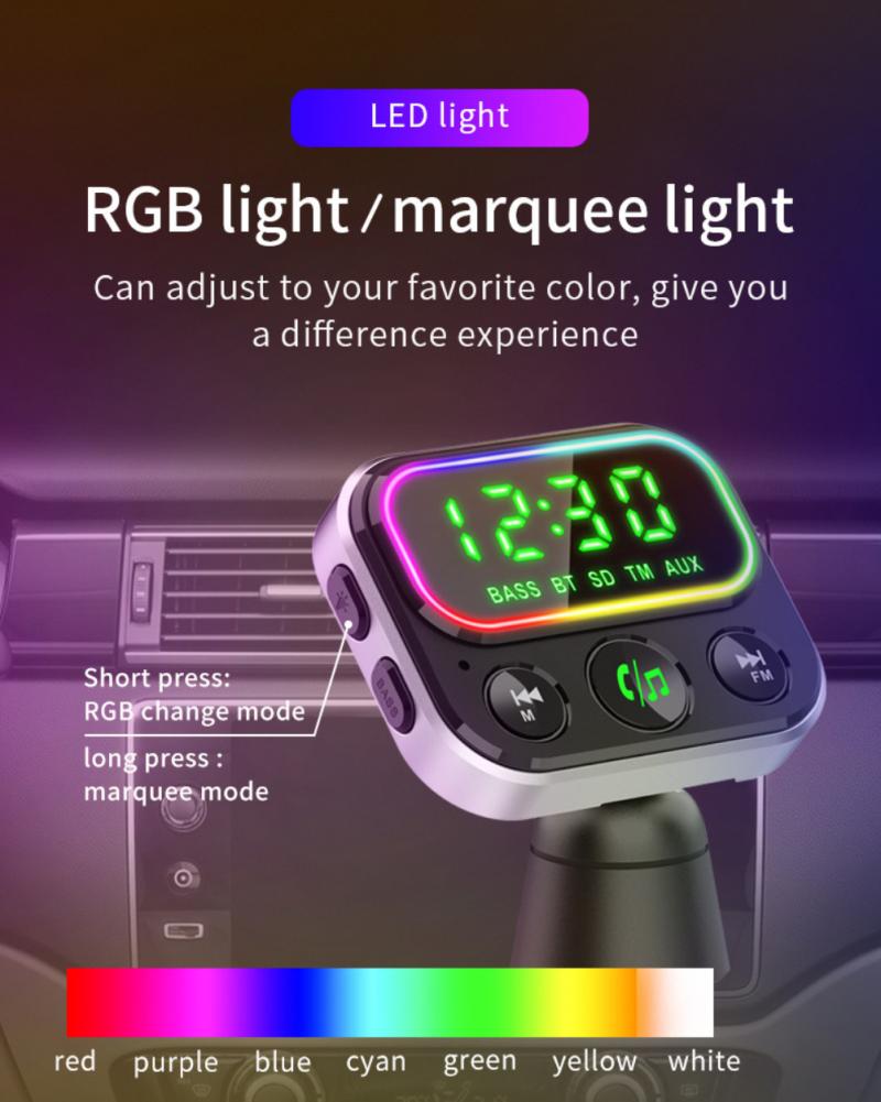 Car Air Outlet Bluetooth 5.0 Car FM Transmitter Subwoofer RGB Ambient Light USB Fast Car Charger Car MP3 Player AUX Handsfree