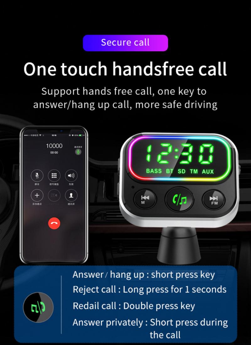 Car Air Outlet Bluetooth 5.0 Car FM Transmitter Subwoofer RGB Ambient Light USB Fast Car Charger Car MP3 Player AUX Handsfree