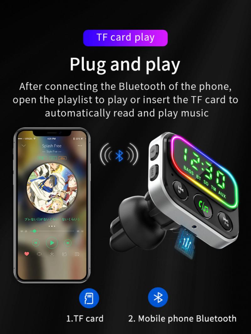 Car Air Outlet Bluetooth 5.0 Car FM Transmitter Subwoofer RGB Ambient Light USB Fast Car Charger Car MP3 Player AUX Handsfree