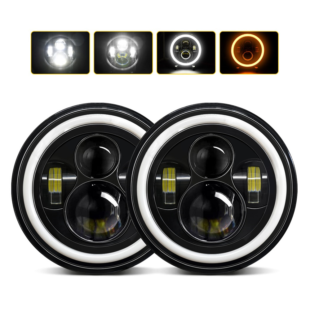 2PCS Wrangler 7 inch LED 60W low beam LED halo angel eye daytime running light amber turn signal 12V