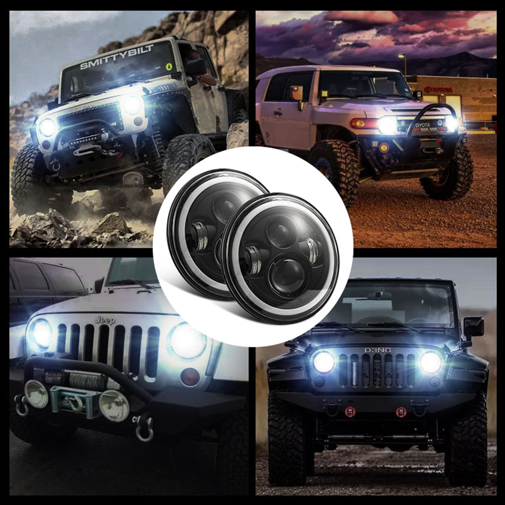 2PCS Wrangler 7 inch LED 60W low beam LED halo angel eye daytime running light amber turn signal 12V