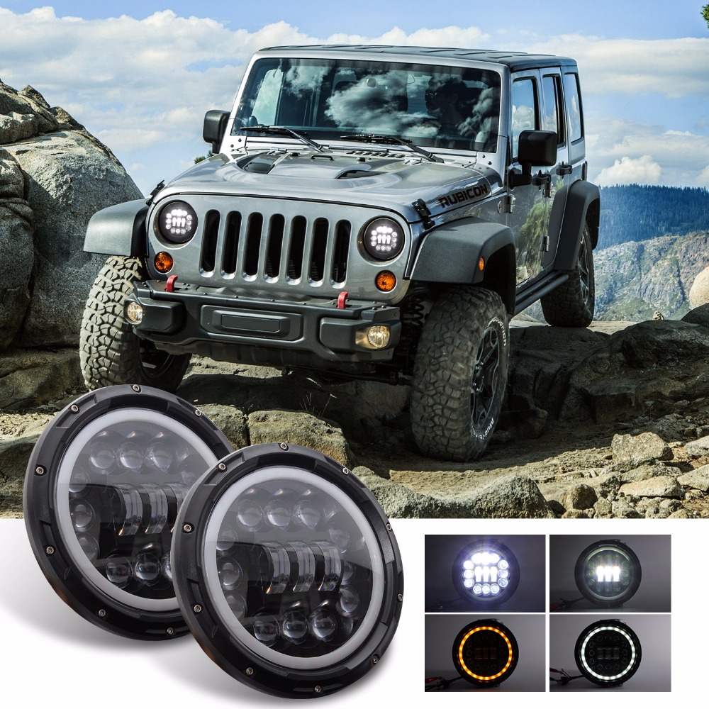 2Pcs 7 Inch LED Headlight Hi/Lo Beam Car Light Bulb With Angel Eye Halo Ring DRL Turning Light For Jeep Wrangler Cherokee TJ