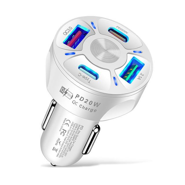 4-port Car Charger Kit Dual USB Dual QC3.0 PD 20W Type-C Fast Charger Car Cigarette Lighter
